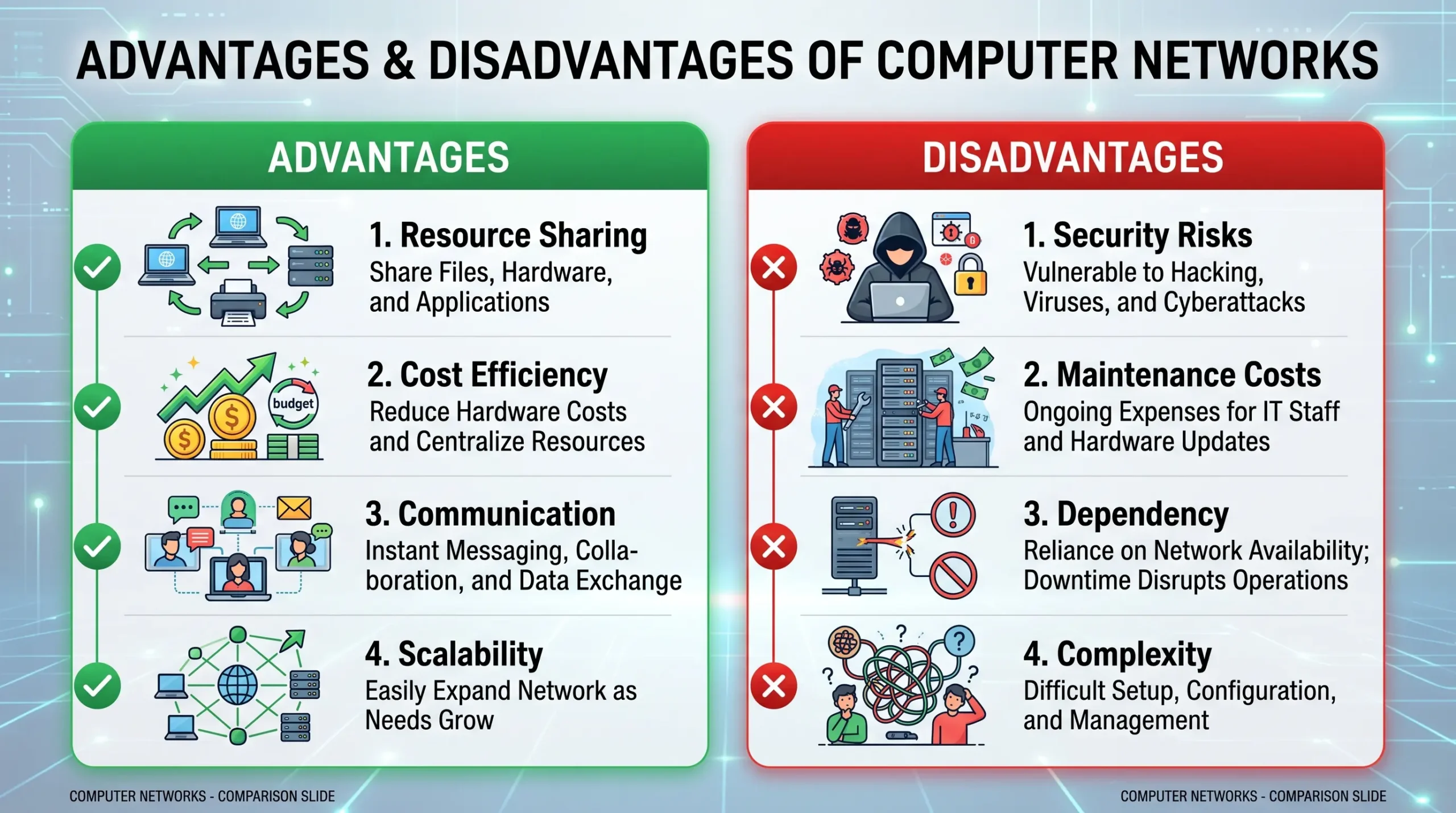 Advantages and disadvantages of computer networks infographic