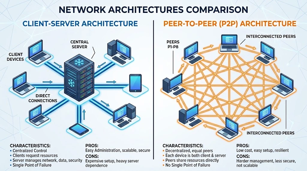 Client-server vs peer-to-peer network architecture diagram
