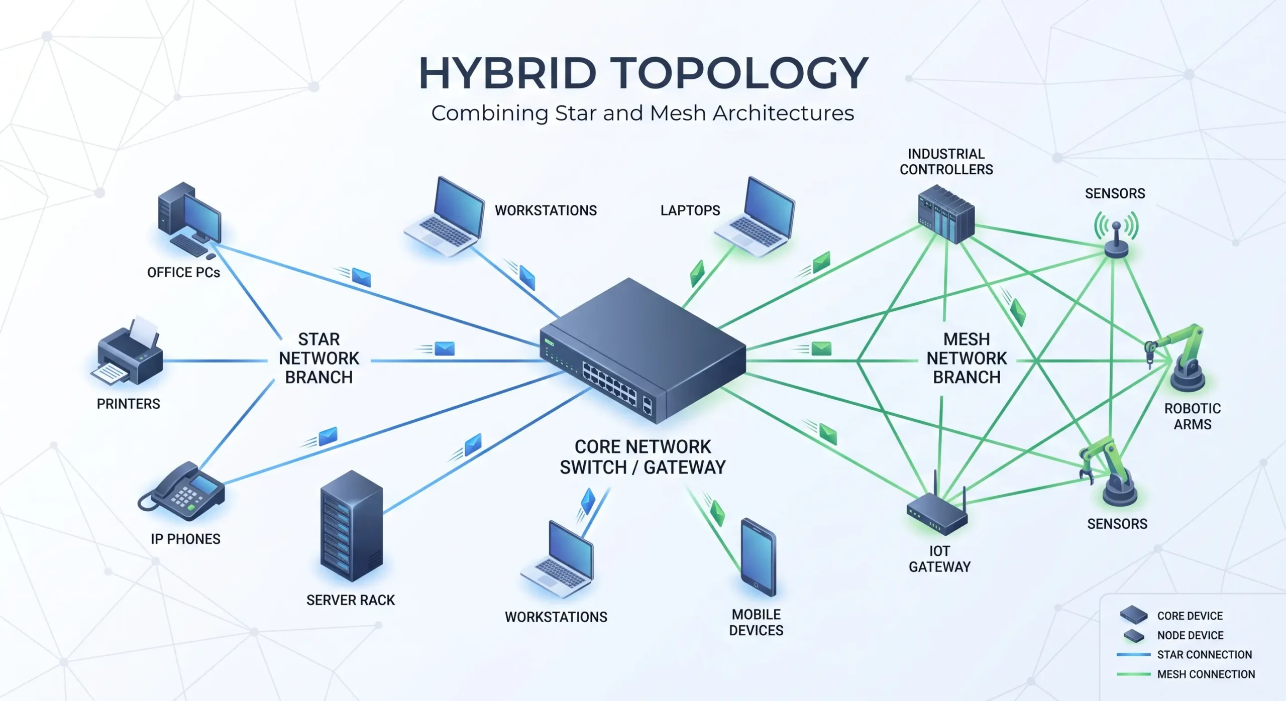 Hybrid topology diagram combining star and mesh network