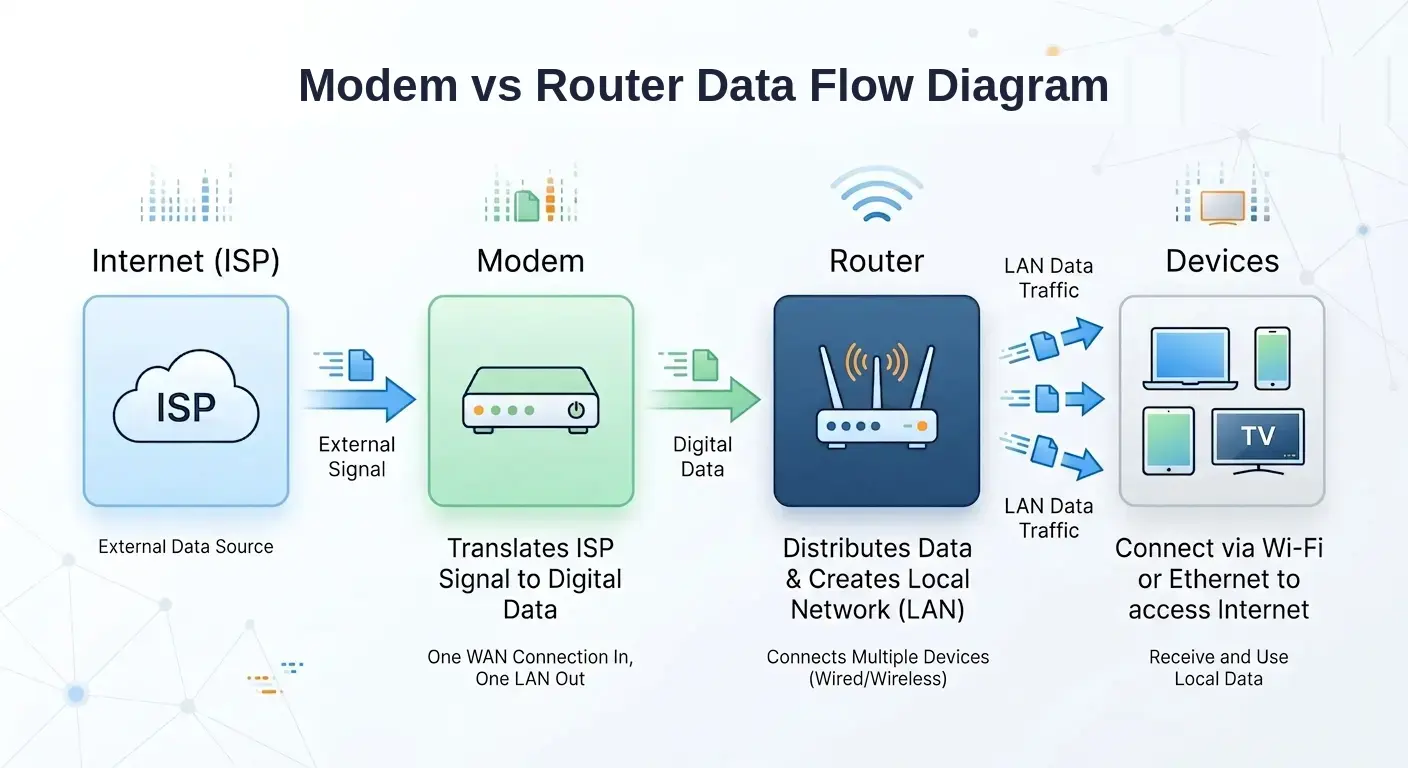 Modem vs router diagram showing how internet flows to your devices