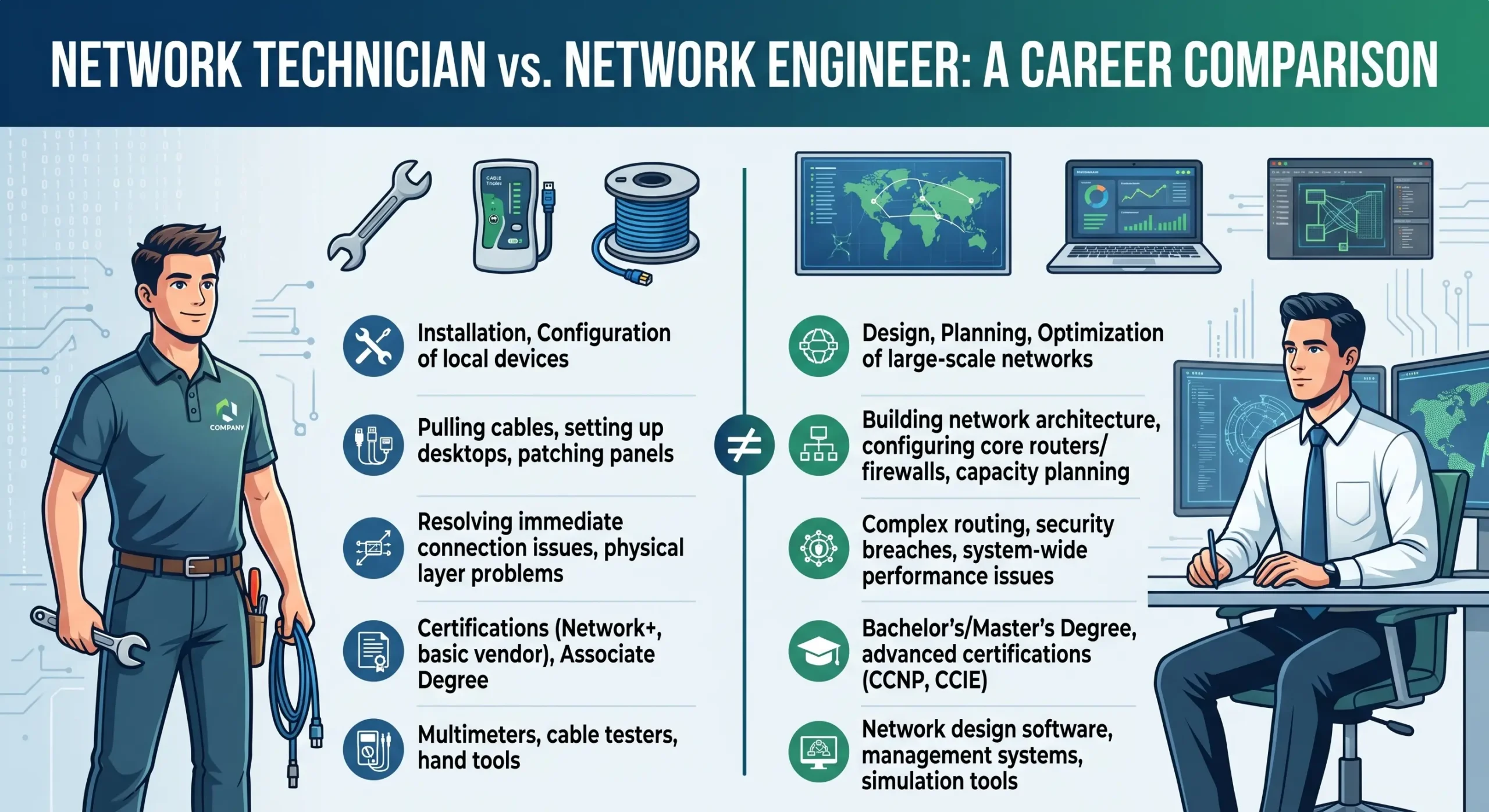 Network technician vs network engineer roles comparison