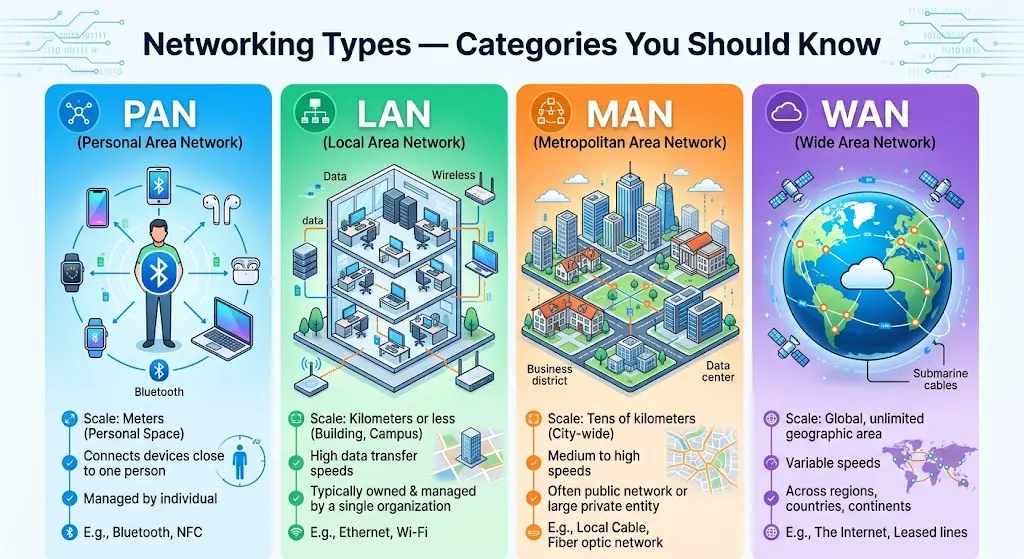 Networking types - LAN, MAN, WAN, and PAN comparison overview