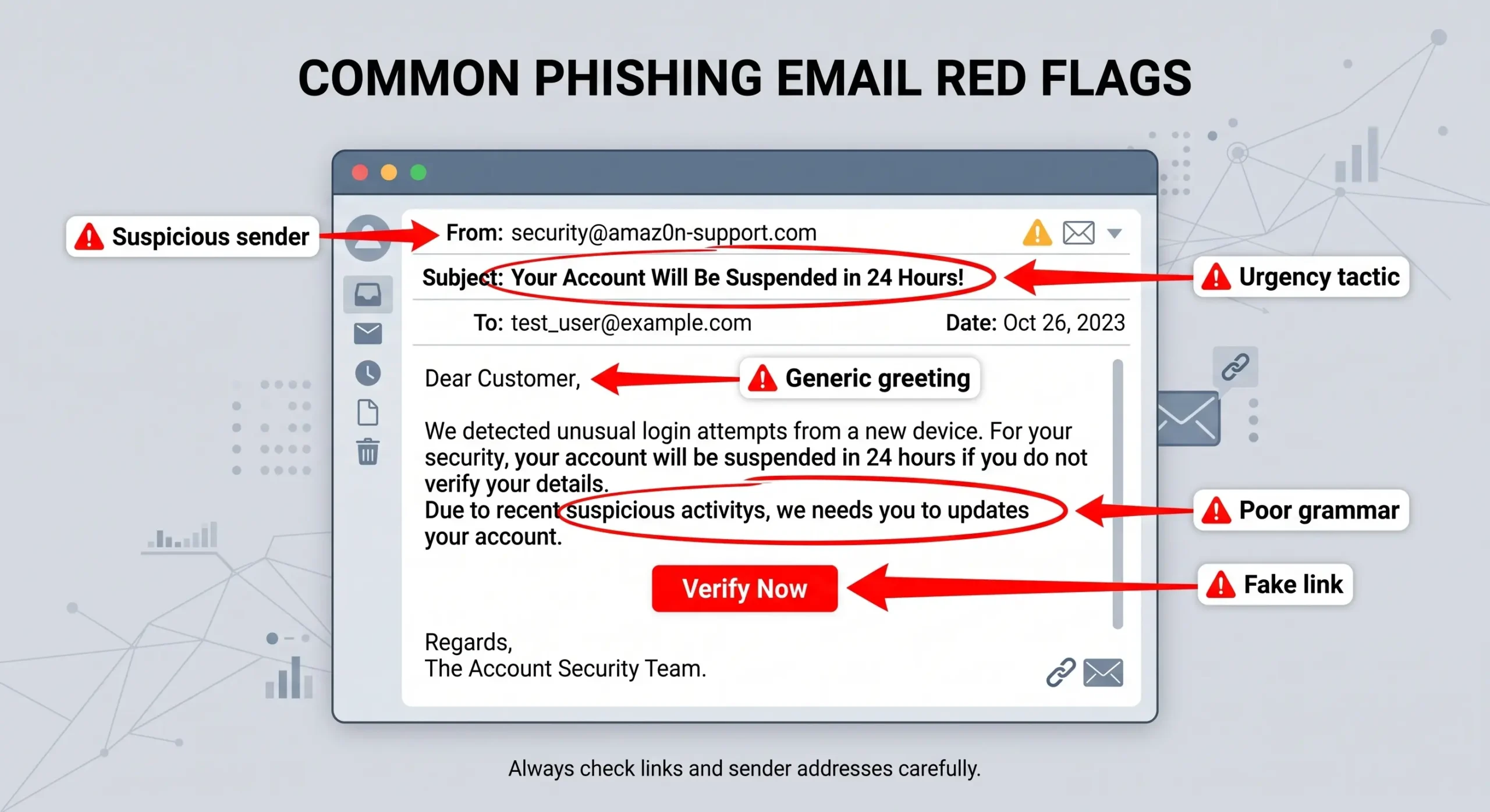 Phishing email example with fake login link and red flags highlighted