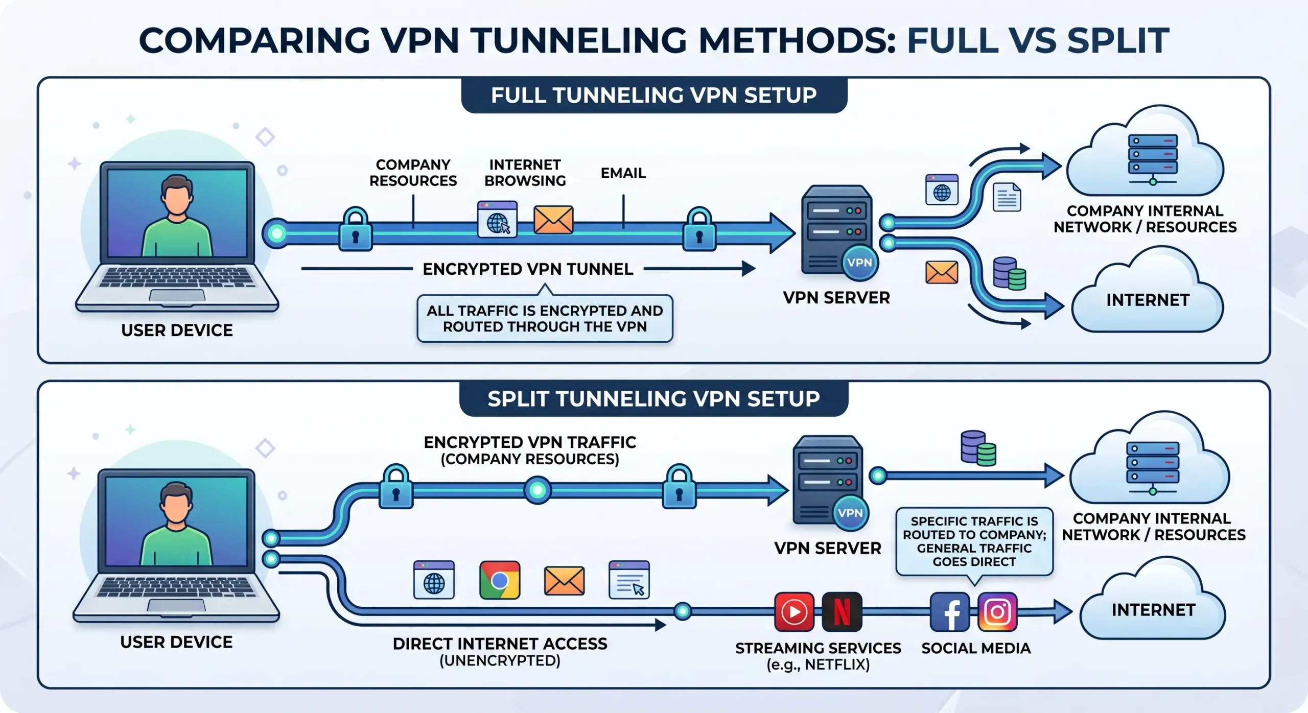 Split tunneling versus full tunneling VPN diagram