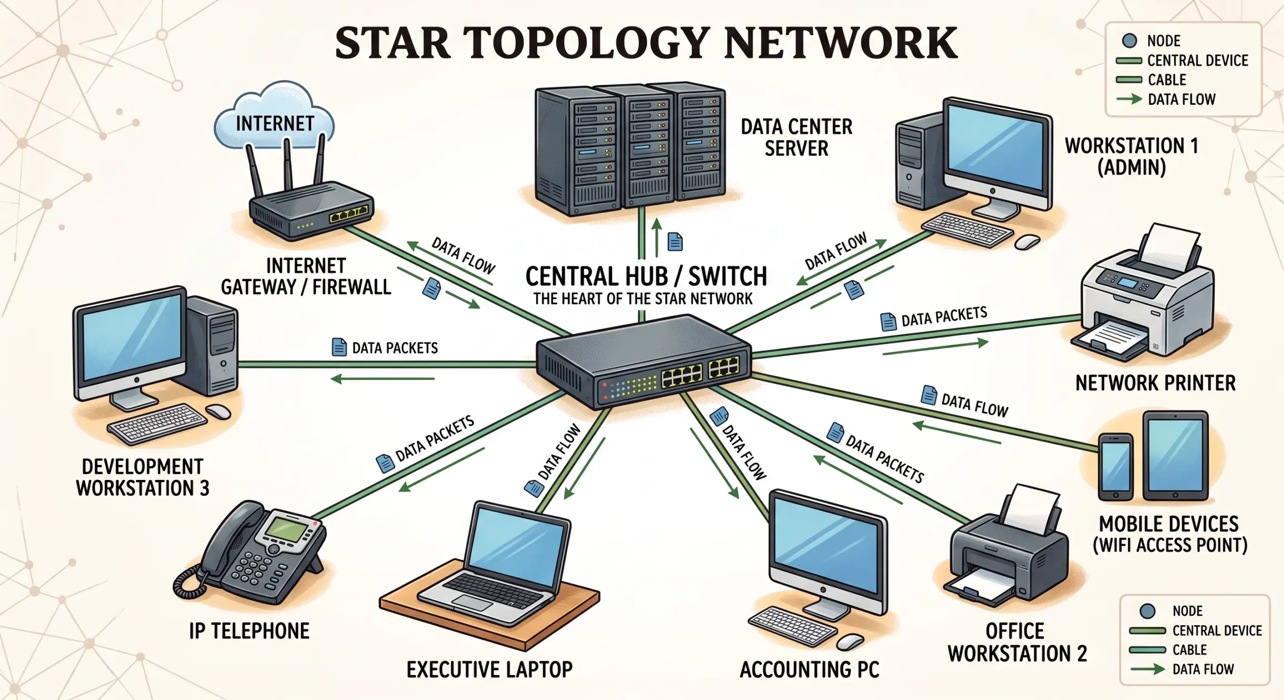 Star topology diagram with central hub