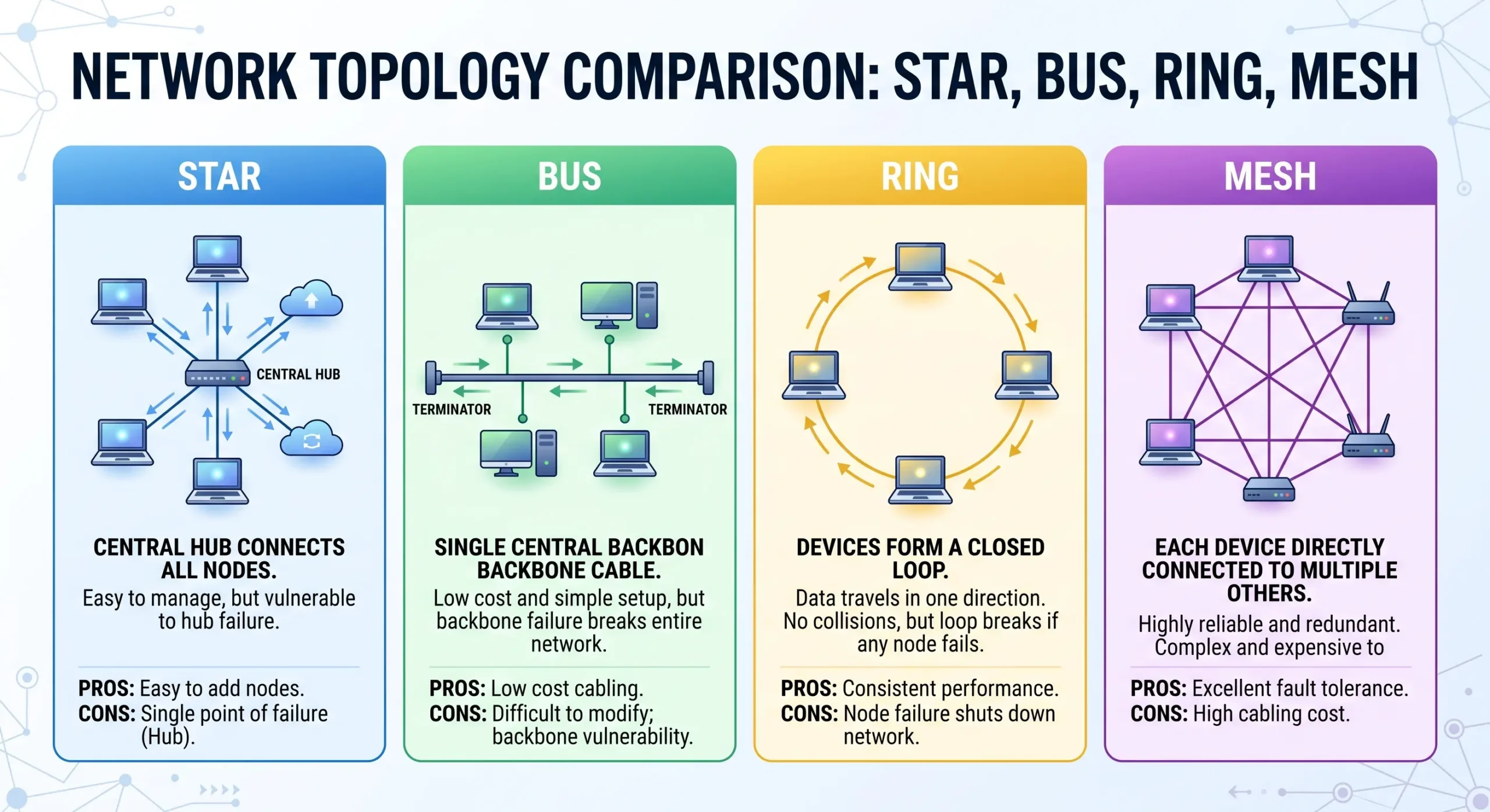 Star vs bus vs ring vs mesh topology comparison