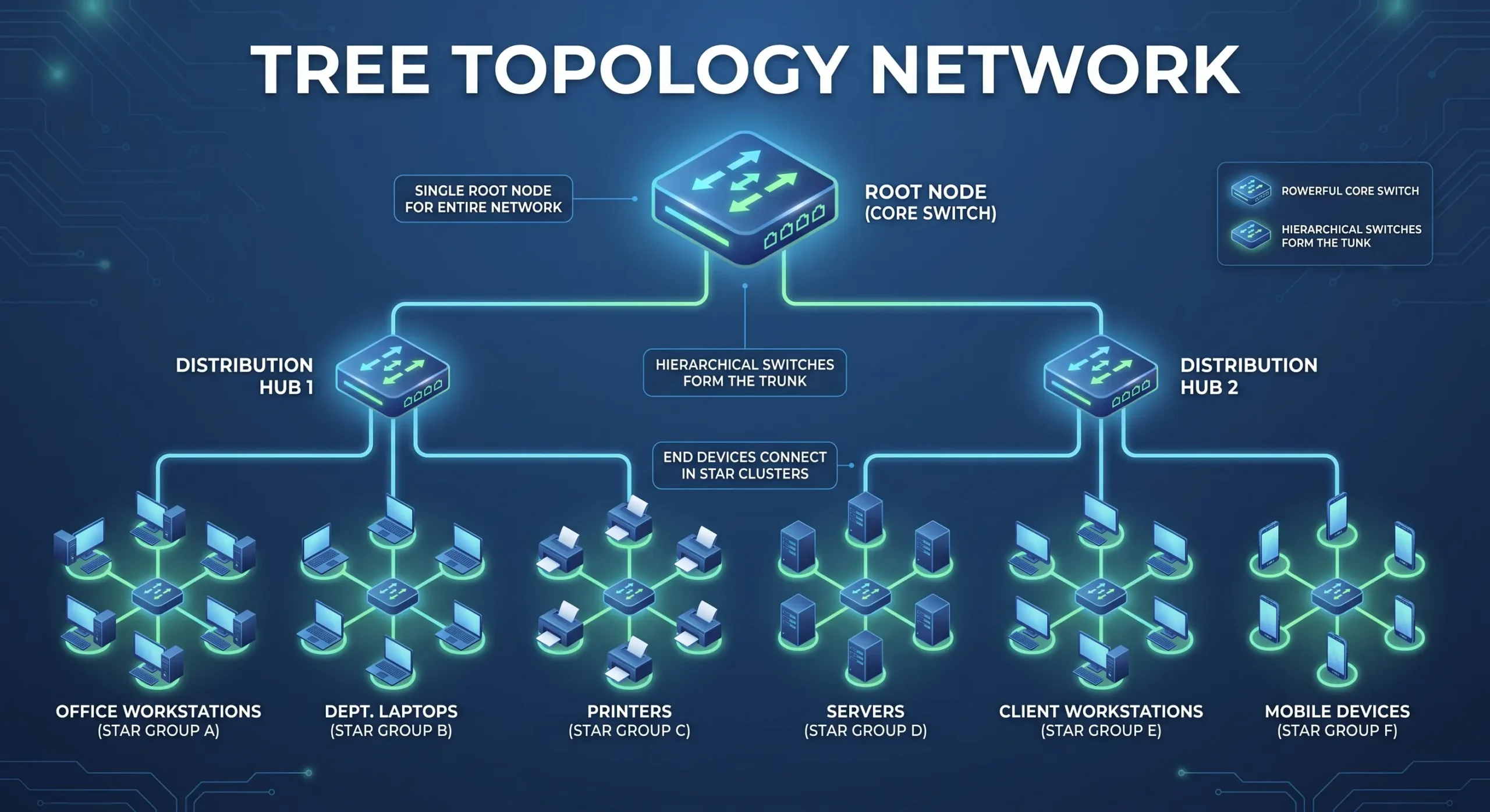 Tree topology diagram showing hierarchical network