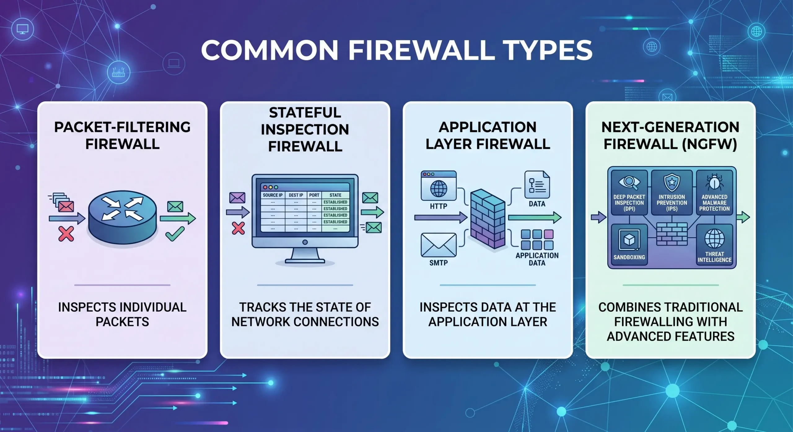 types of firewalls comparison packet filtering stateful application layer NGFW